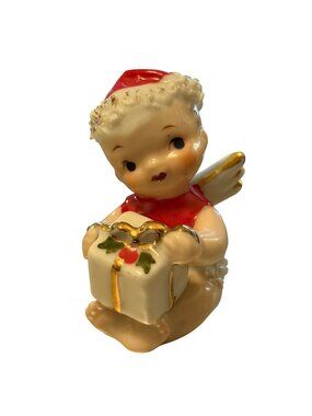 Vtg 1950s Lefton Christmas Baby Angel Figurine Spaghetti Trim Santa Hat Gift MC
